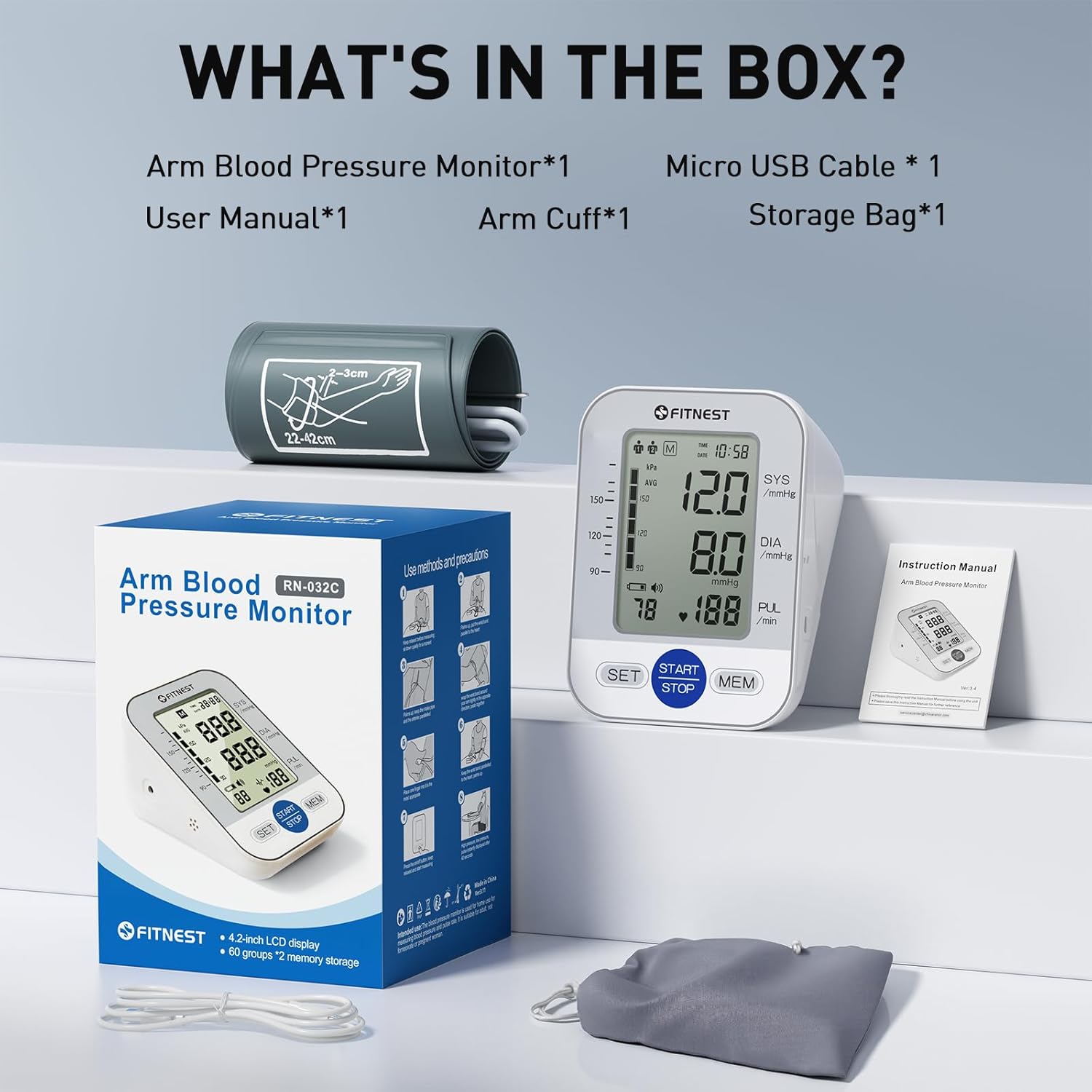 Upper Arm Automatic Digital Blood Pressure Monitor with Large LCD and Adjustable Cuff

