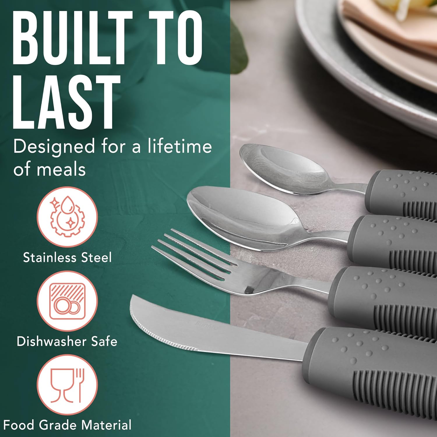 BUNMO Utensils for Elderly Tremors and Weak Hands, Foam Grip Cutlery Kit


