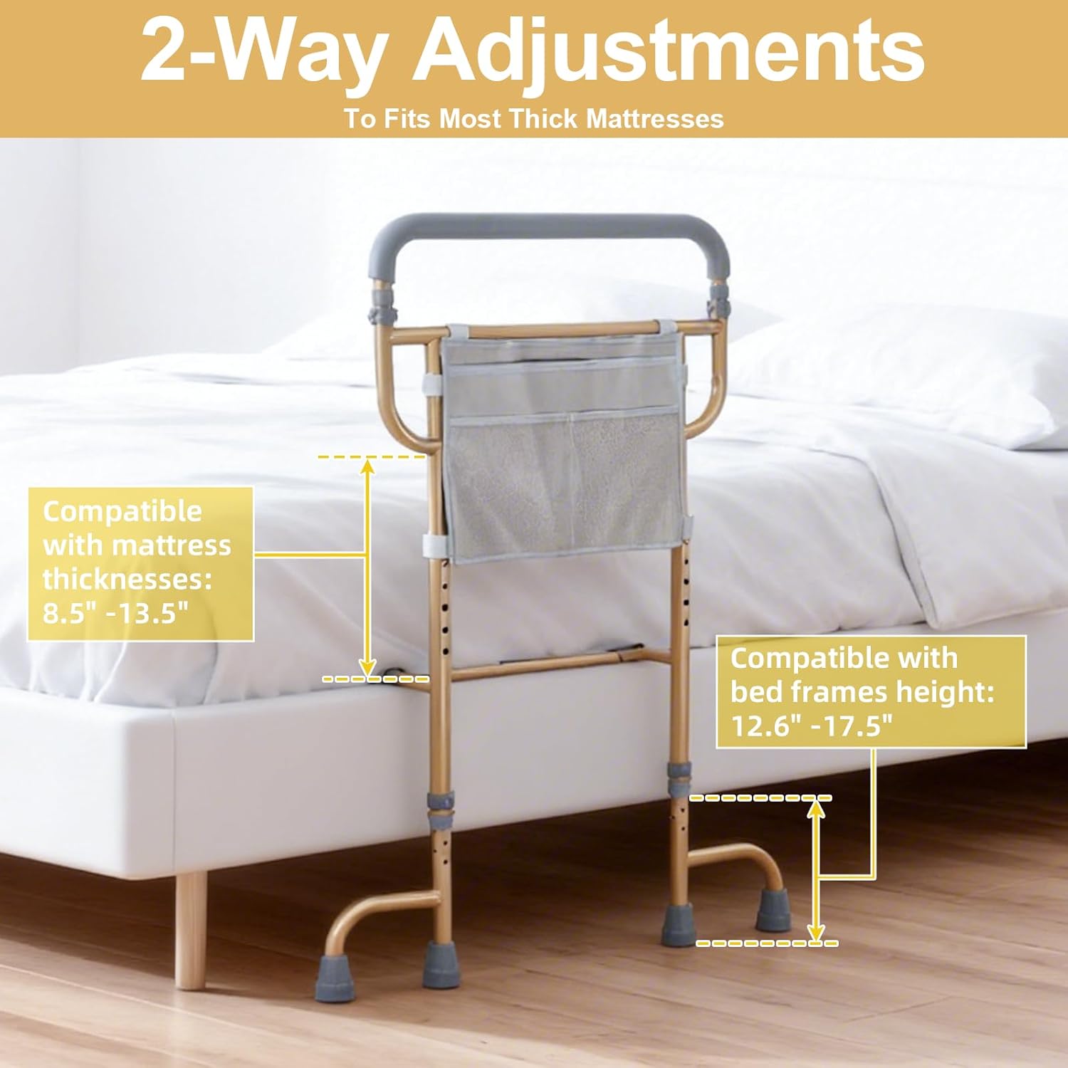 Bed Rails for Seniors with Non-Slip Handle, Storage Pocket, 360° Swivel Feet

