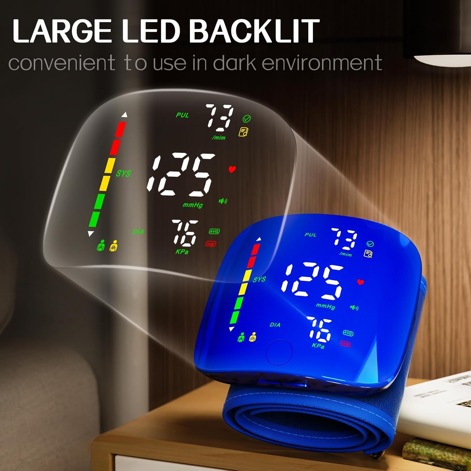 Wrist Blood Pressure Monitor, Rechargeable Cuff with Large LED Display

