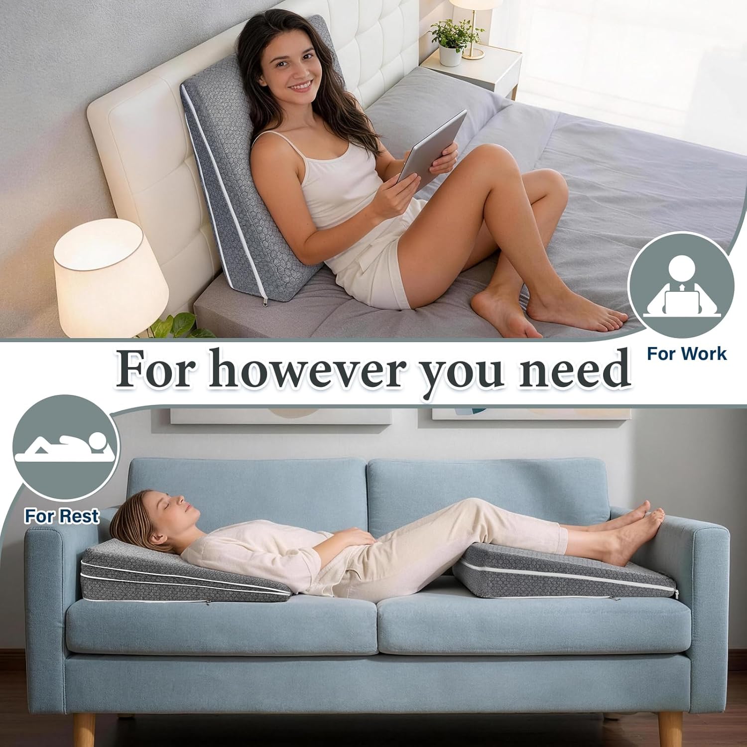 Adjustable Bed Wedge Pillow for Sleep Apnea, GERD, Snoring, Leg and Back Pain

