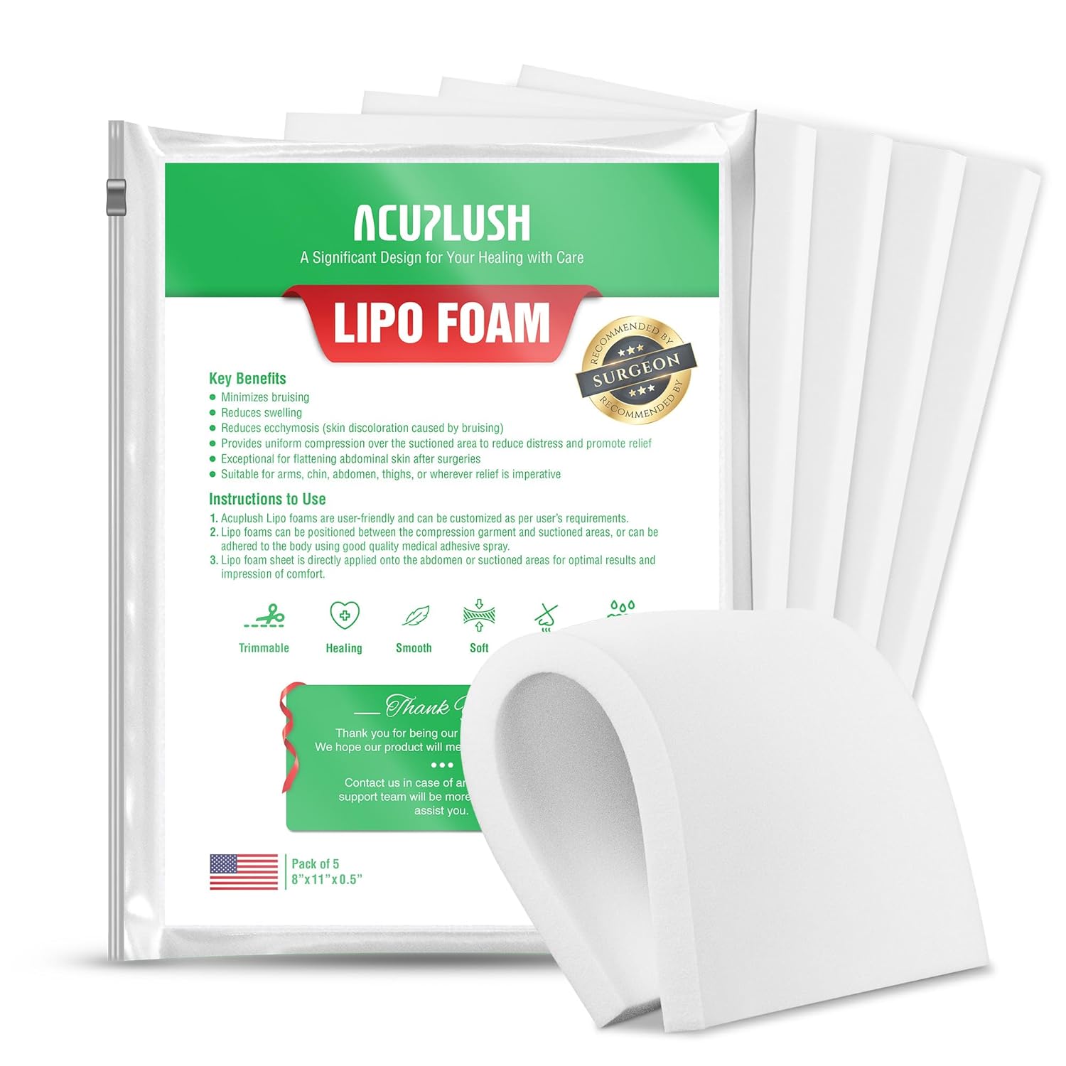 AcuPlush Lipo Foam Pads for Liposuction Recovery, Abdominal Support Board 8x11

