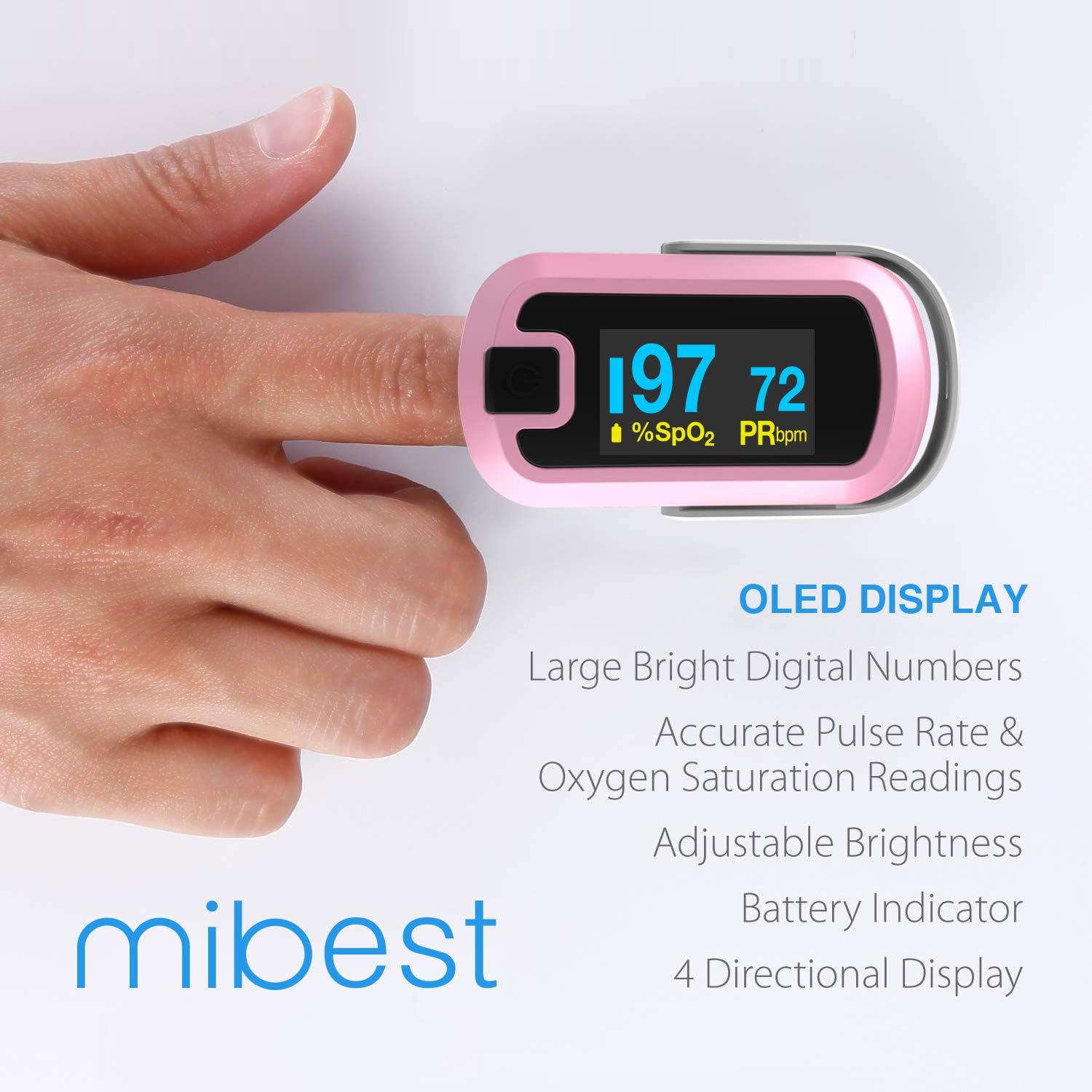 mibest OLED Finger Pulse Oximeter, SpO2 O2 Meter, Dual Color Display

