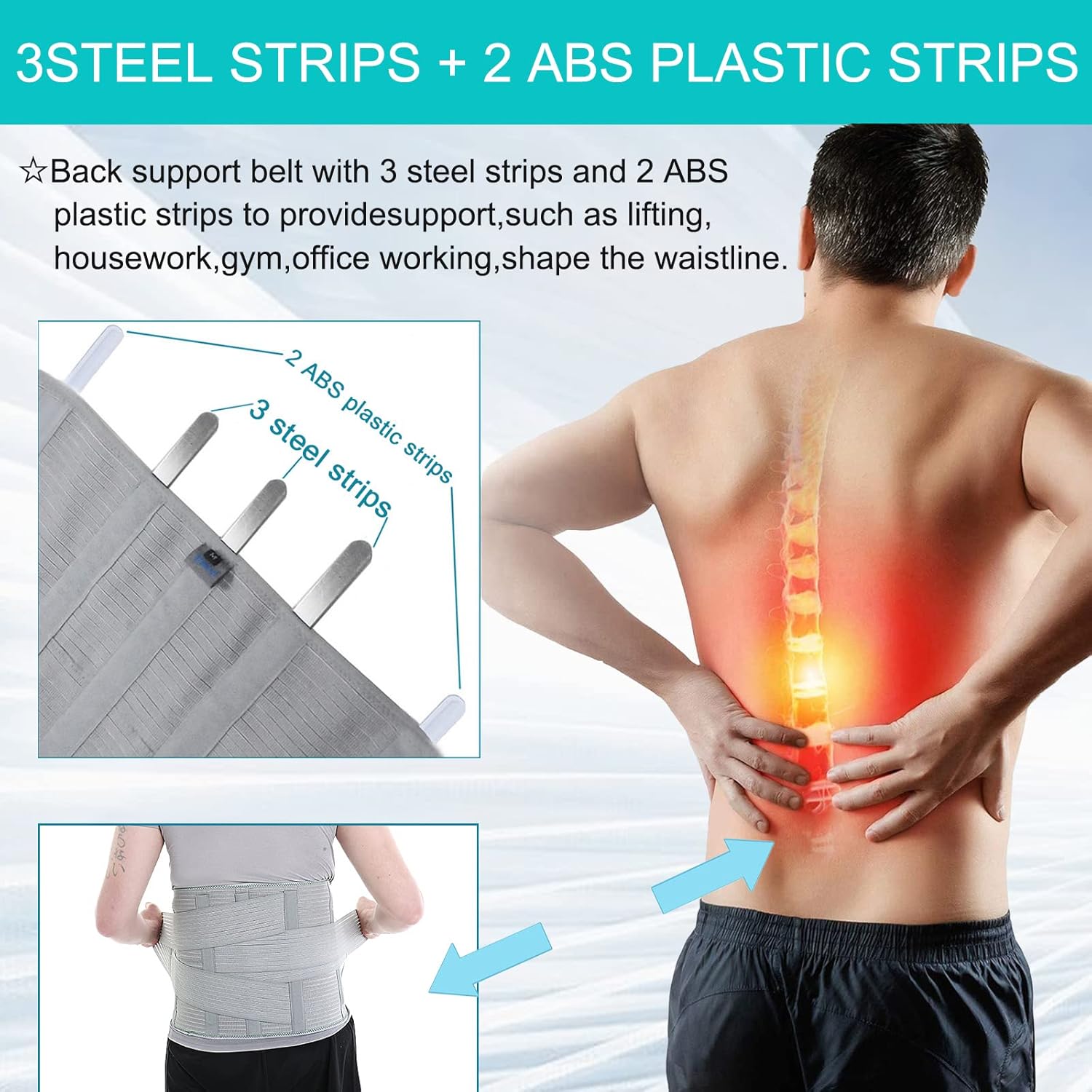 Adjustable Lumbar Back Brace Support Belt for Men and Women with Aluminum Inserts

