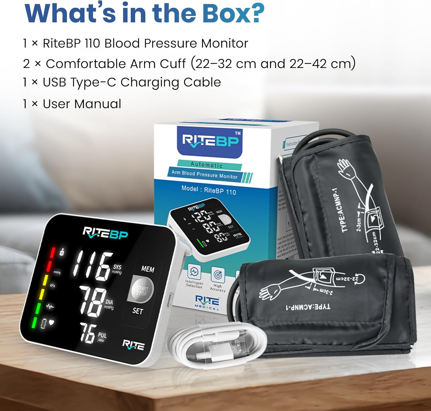 RiteBP Upper Arm Digital Blood Pressure Monitor, USB Type-C Rechargeable

