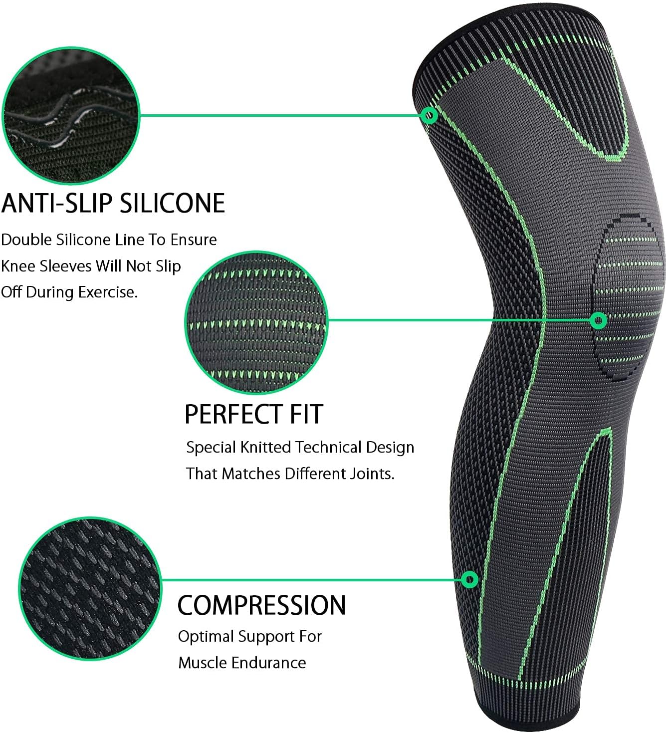 Spandex Full Leg Compression Sleeves with Knee Support for Running & Cycling

