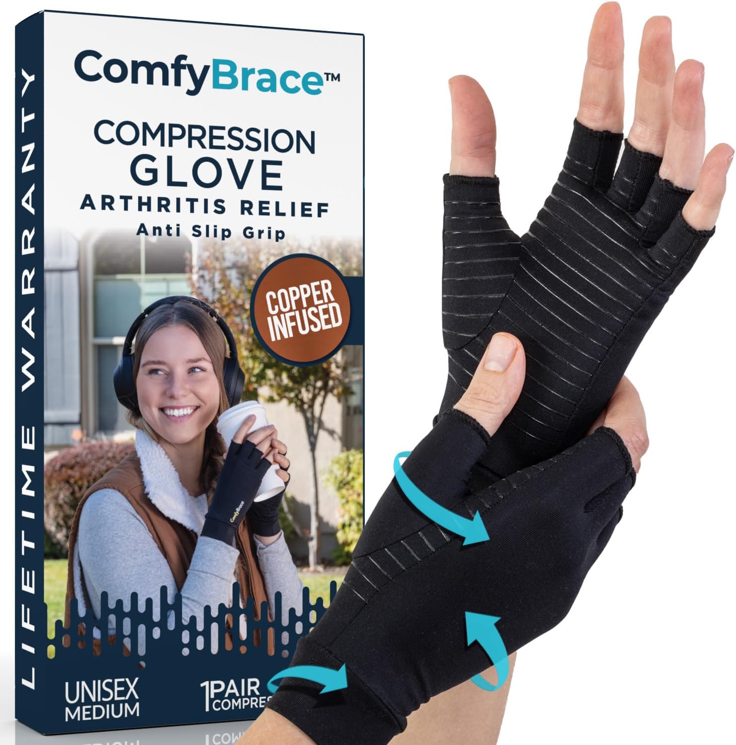 ComfyBrace Copper-Infused Compression Arthritis Gloves, Fingerless Hand Support


