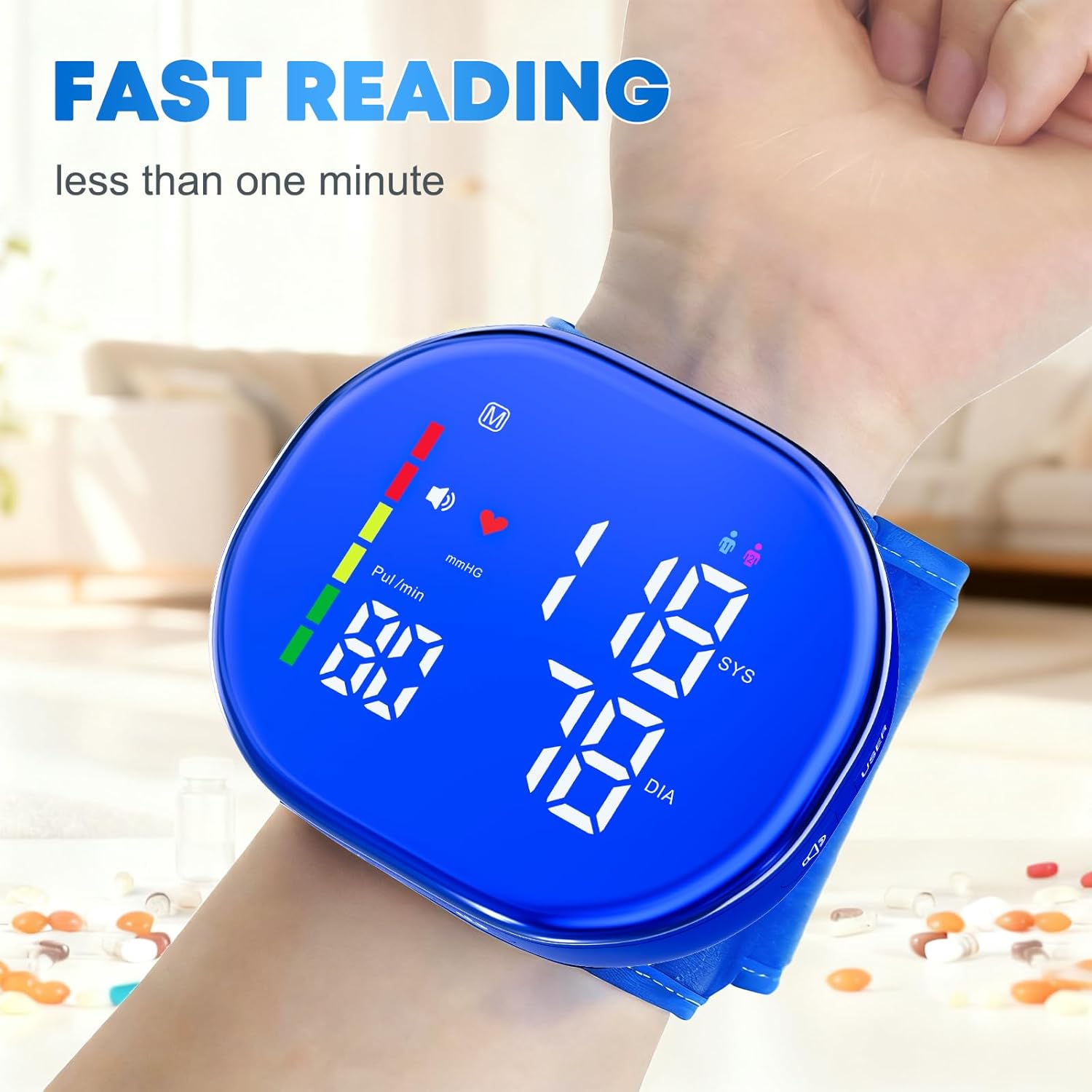 Rechargeable Wrist Blood Pressure Monitor with LED Display and One-Button Operation

