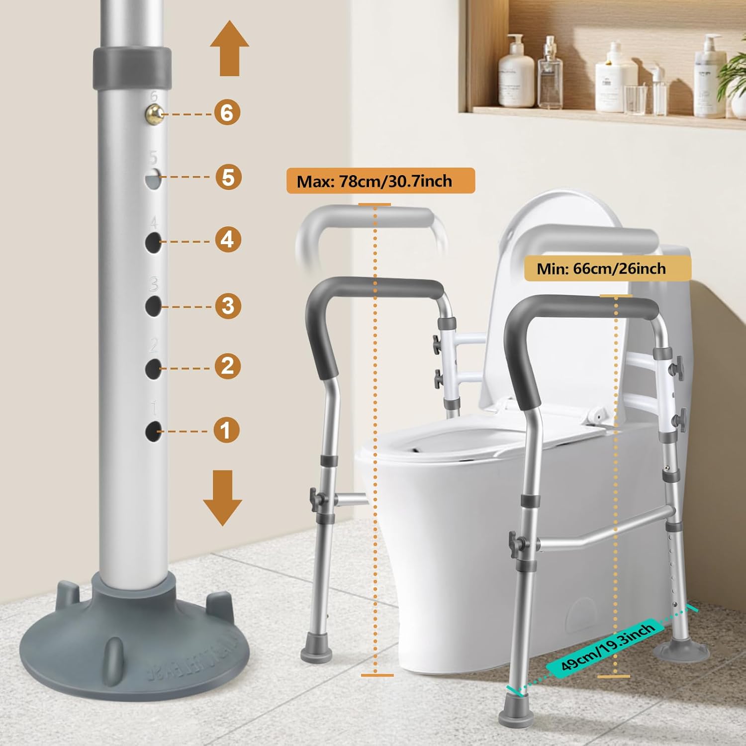 Adjustable Toilet Safety Rails, Foldable Grab Bar Handles, Aluminum Frame

