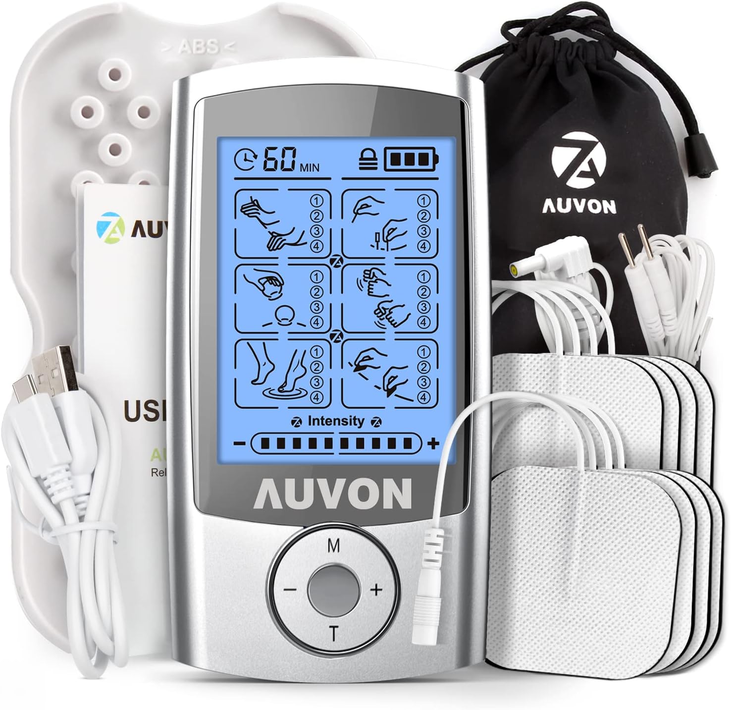 AUVON Rechargeable TENS Unit Muscle Stimulator with 24 Modes and 8 Electrode Pads

