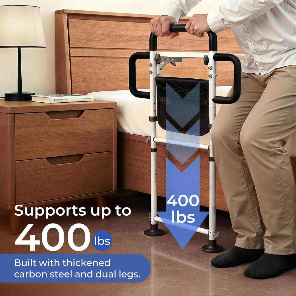 Height Adjustable Bed Rail for Elderly with Non-Slip Grip, Assist Bar and Table

