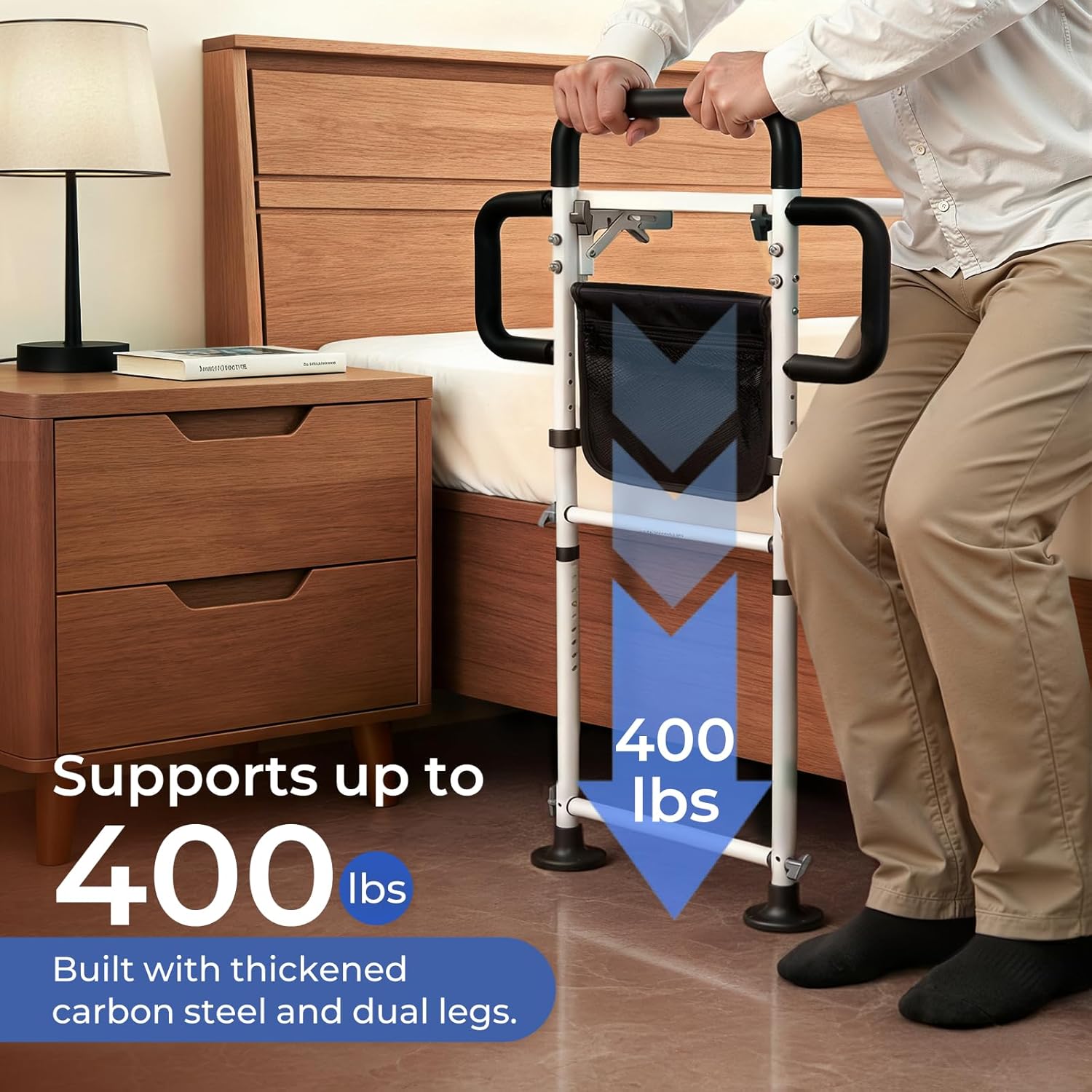 Height Adjustable Bed Rail for Elderly with Non-Slip Grip, Assist Bar and Table

