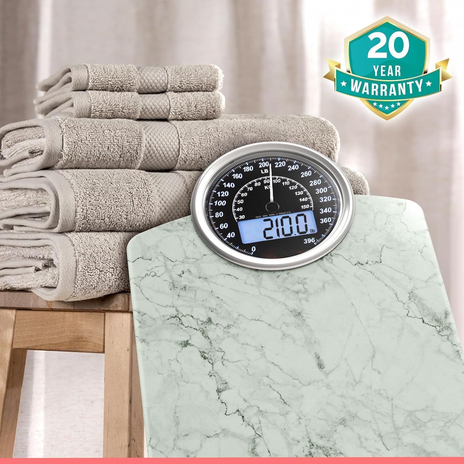 Adamson Hybrid 2-in-1 Digital Analog Bathroom Scale, Tempered Glass, Large Display

