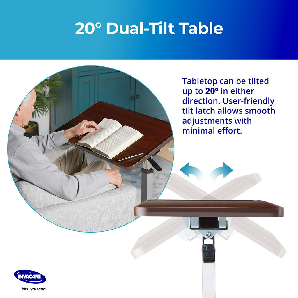 Invacare Height Adjustable Bedside Table with Waterproof Rolling Tray Desk

