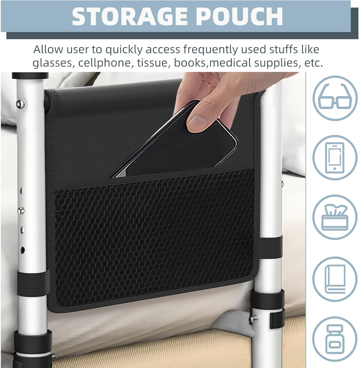 BOLESHU Adjustable Bed Assist Rail for Seniors with Support Legs and Storage Pocket

