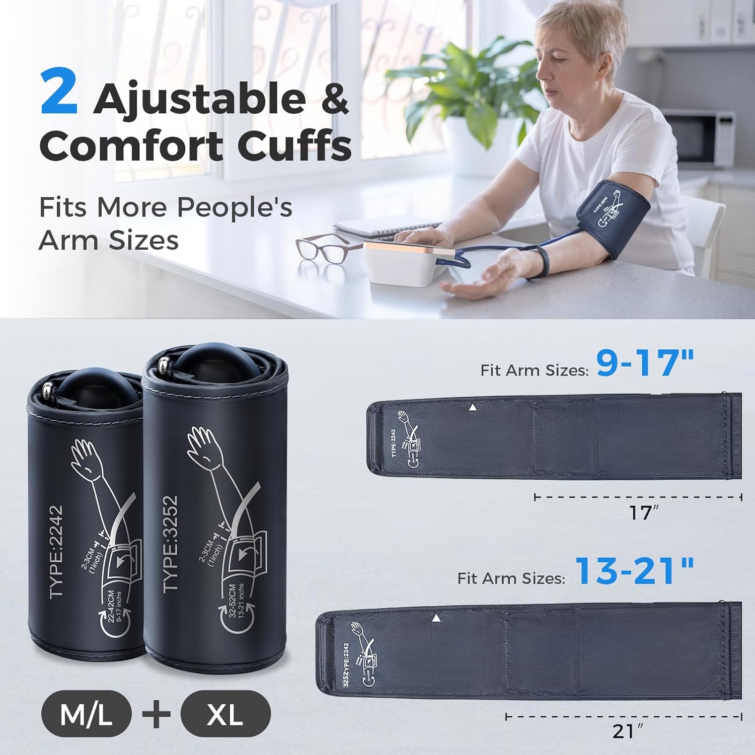 Blood Pressure Monitor Upper Arm, Adjustable Arm Sleeves, Backlit Screen, 3-User

