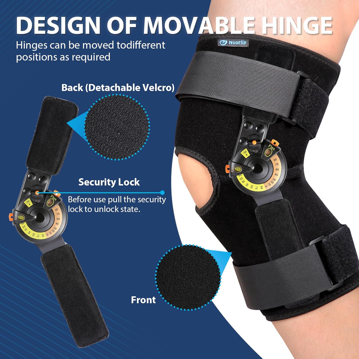 Nvorliy Hinged ROM Knee Brace with Side Stabilizers and Locking Dials


