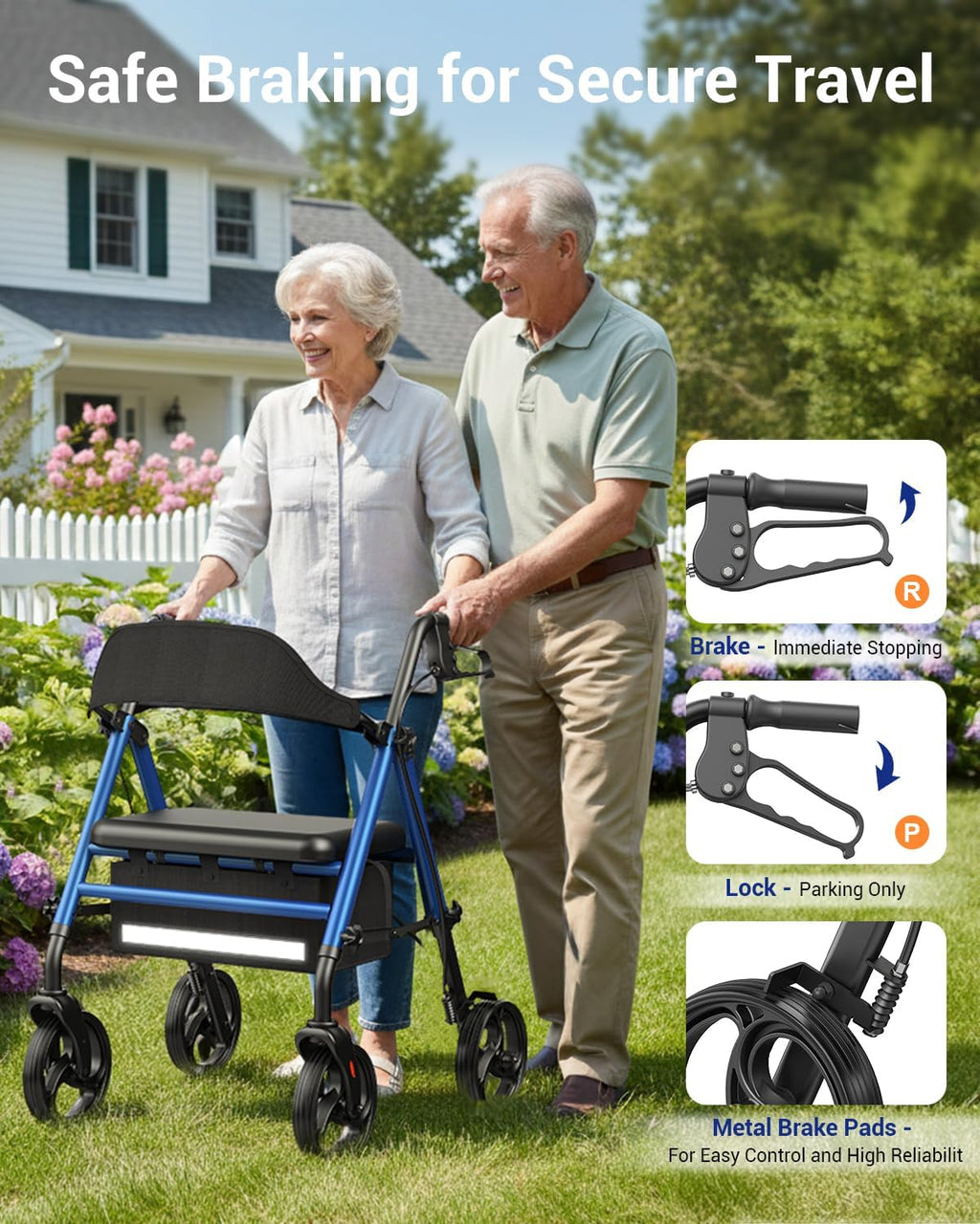 Rollator Walker with Seat for Seniors, Foldable 8 in Wheels, Height Adjustable

