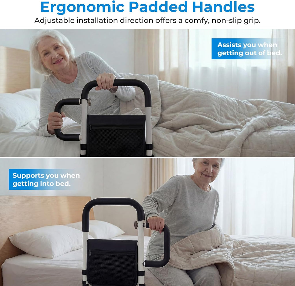 Adjustable Bed Rail for Seniors with Motion Sensor LED, Non-Slip Handle, Storage Bag

