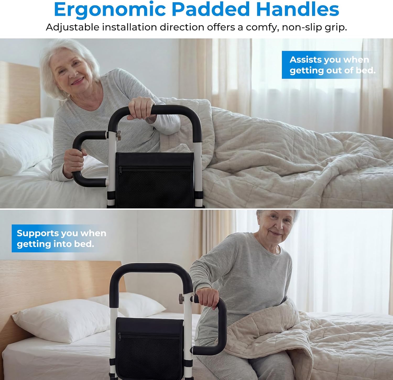 Adjustable Bed Rail for Seniors with Motion Sensor LED, Non-Slip Handle, Storage Bag

