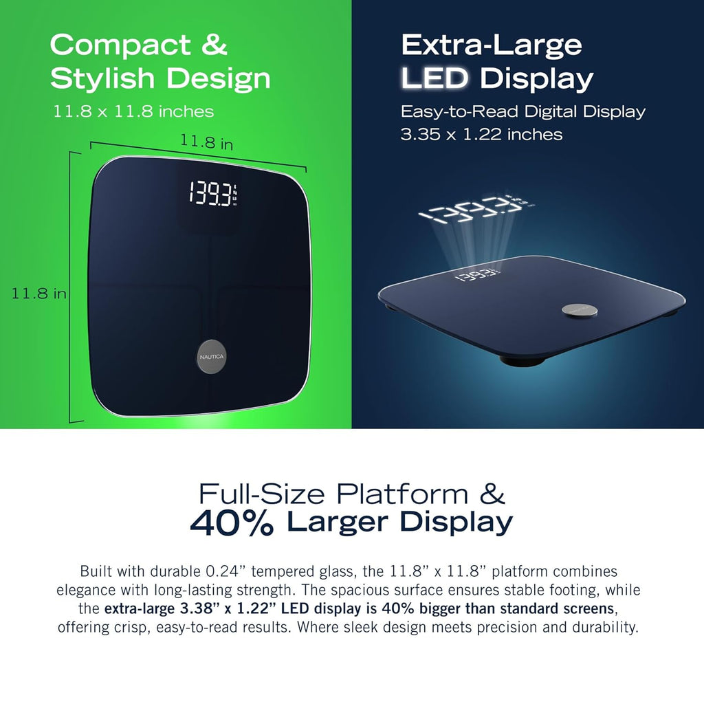 Nautica Smart Body Composition Scale with BMI, Body Fat, Bluetooth App, Hidden LED

