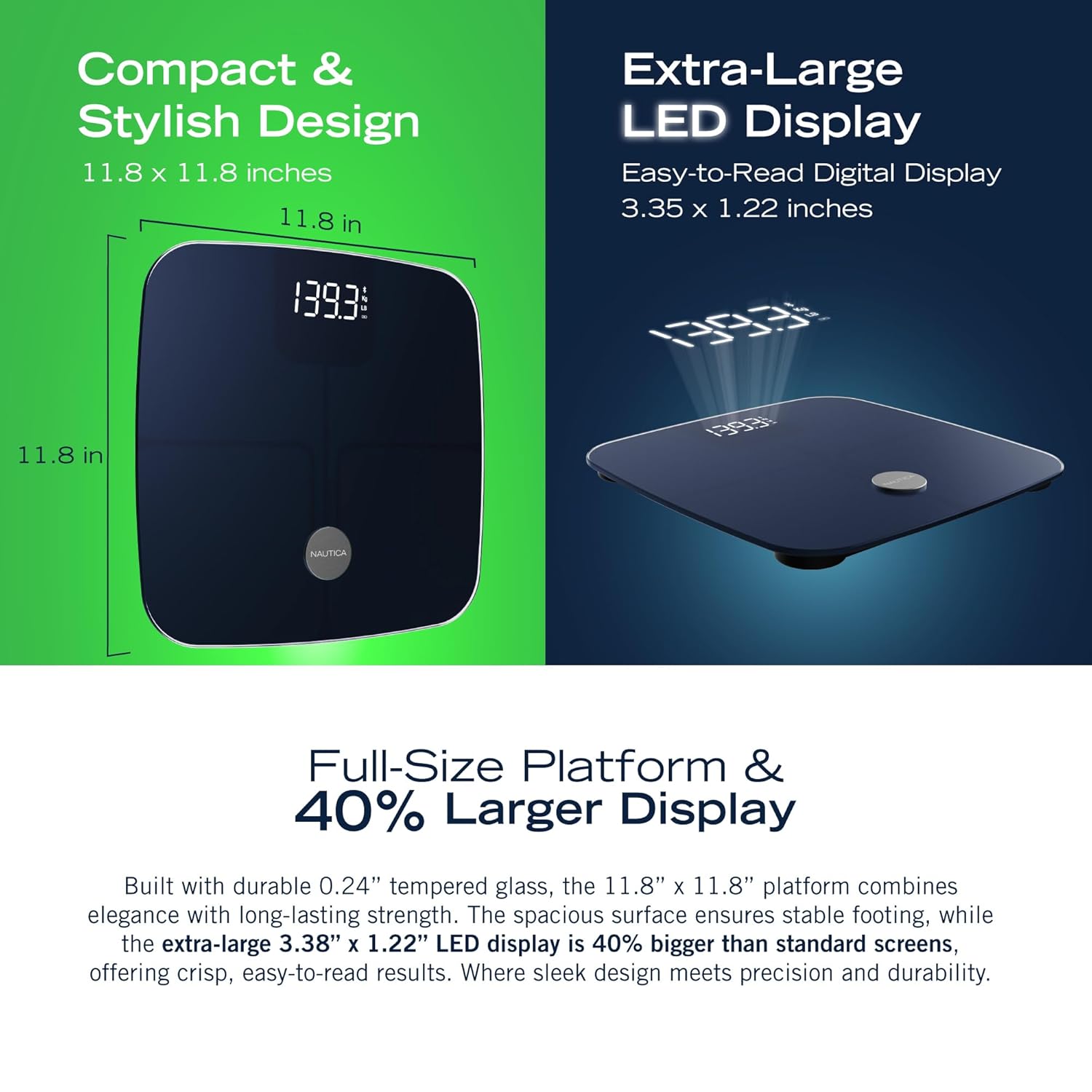 Nautica Smart Body Composition Scale with BMI, Body Fat, Bluetooth App, Hidden LED

