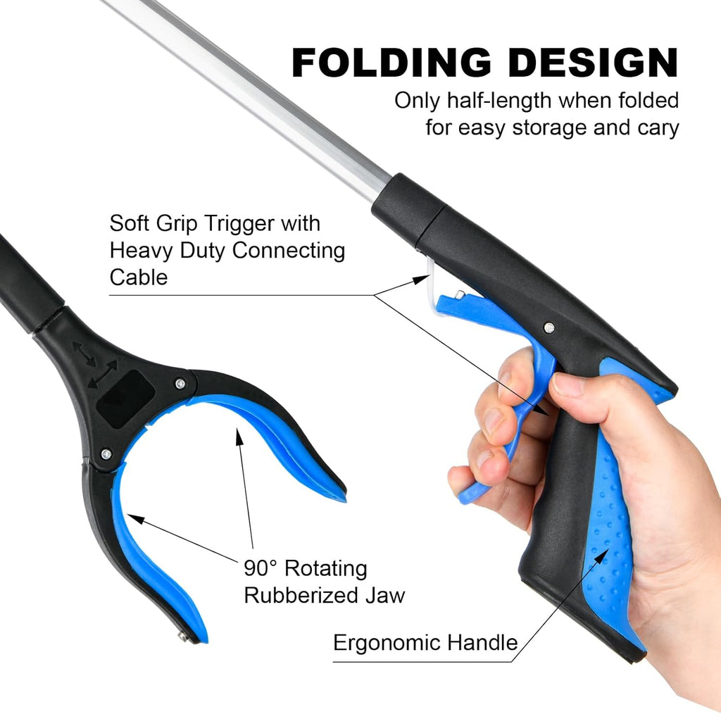 Foldable Grabber Reacher Tool with 360° Rotating Head and Wide Jaw Pickup

