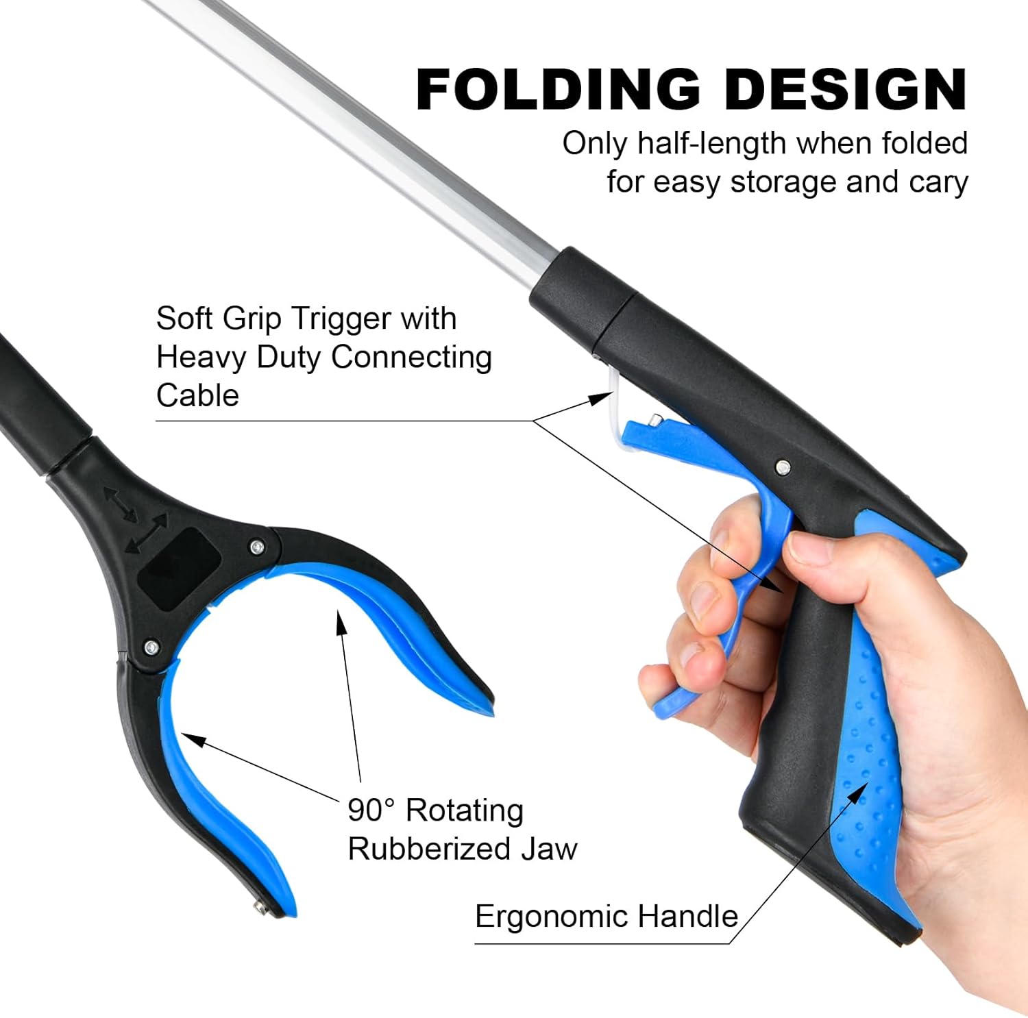 Foldable Grabber Reacher Tool with 360° Rotating Head and Wide Jaw Pickup

