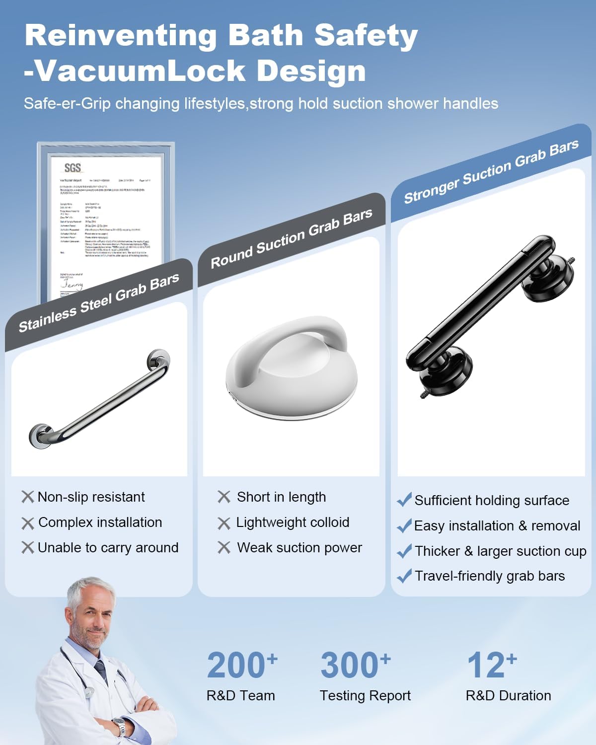 JOTPE Suction Grab Bars for Bathtubs and Showers, No Drilling, Removable

