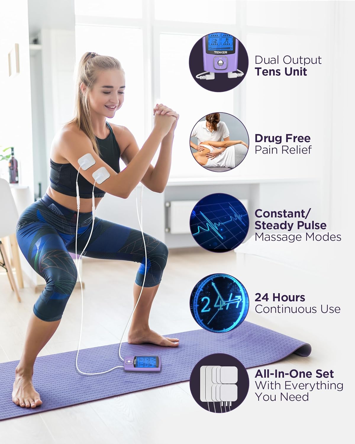 TENKER TENS Unit Muscle Stimulator, 24 Modes Rechargeable Dual Output

