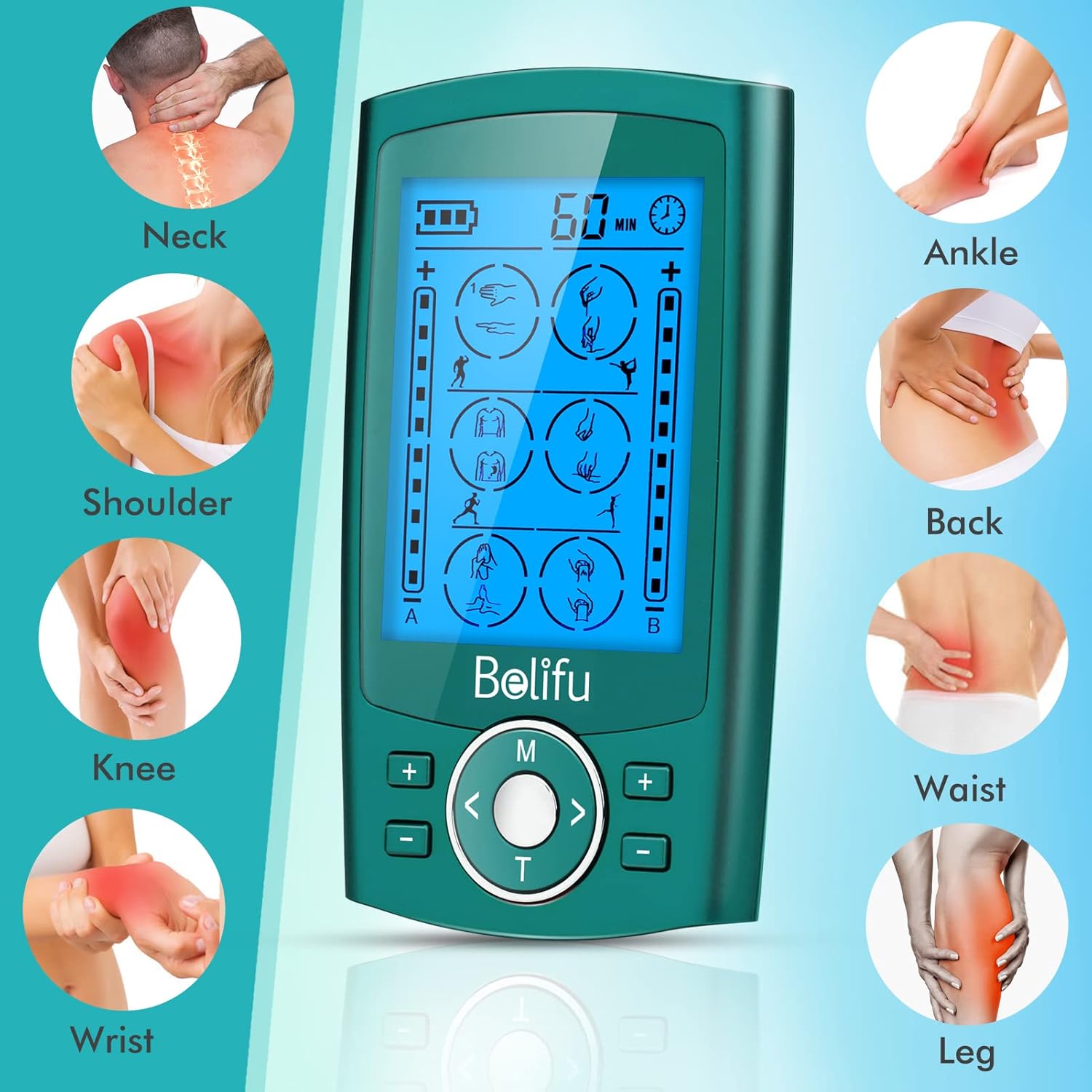 Belifu Dual Channel TENS EMS Unit Muscle Stimulator 24 Modes Electronic Pulse Massager

