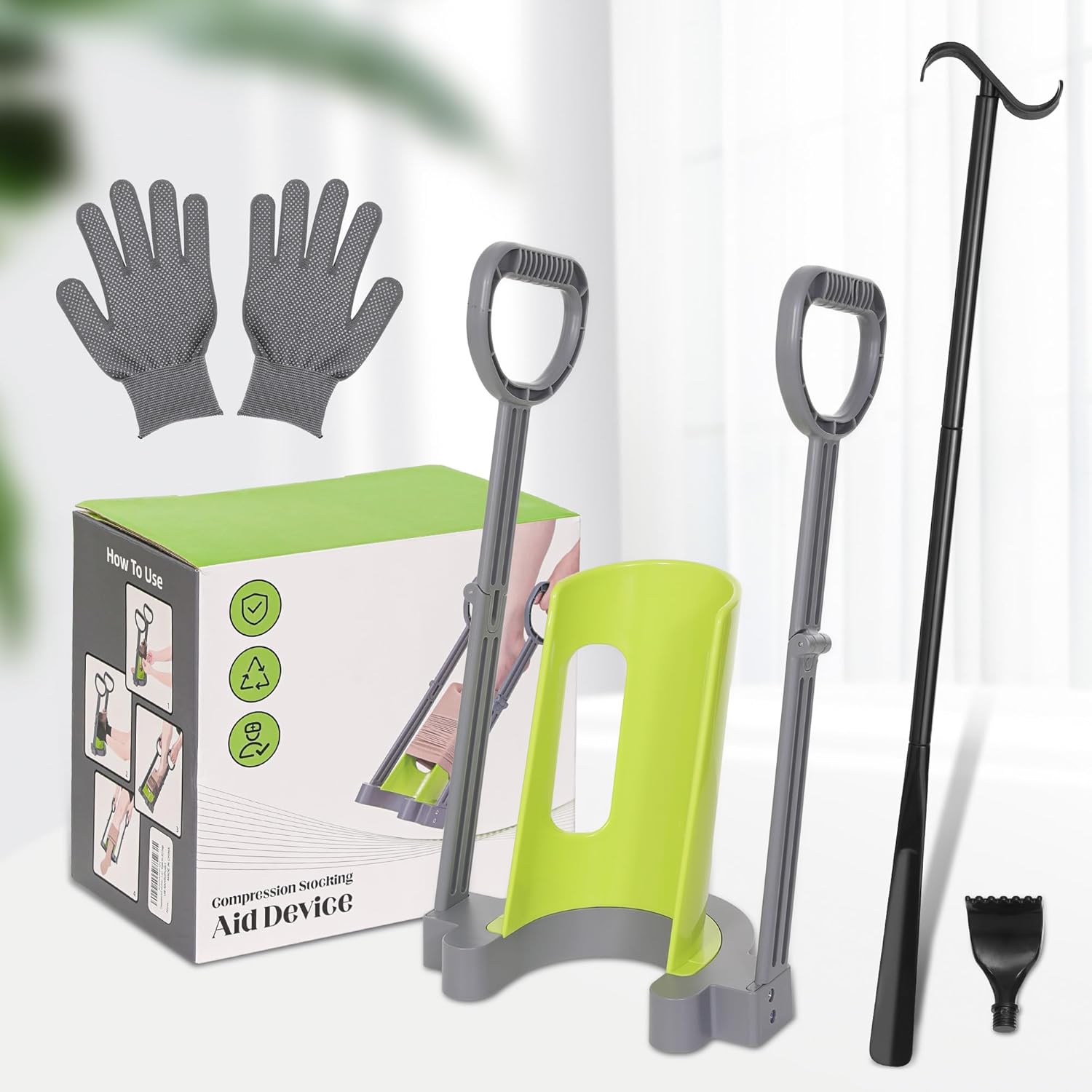 Compression Sock Aid Device with Dressing Stick for Easy On Compression Hosiery

