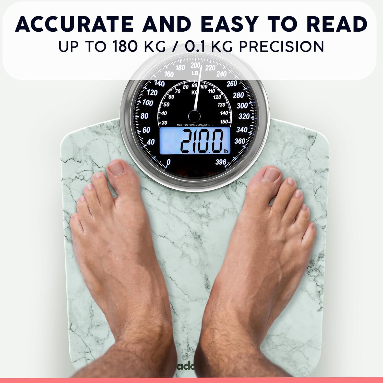 Adamson Hybrid 2-in-1 Digital Analog Bathroom Scale, Tempered Glass, Large Display

