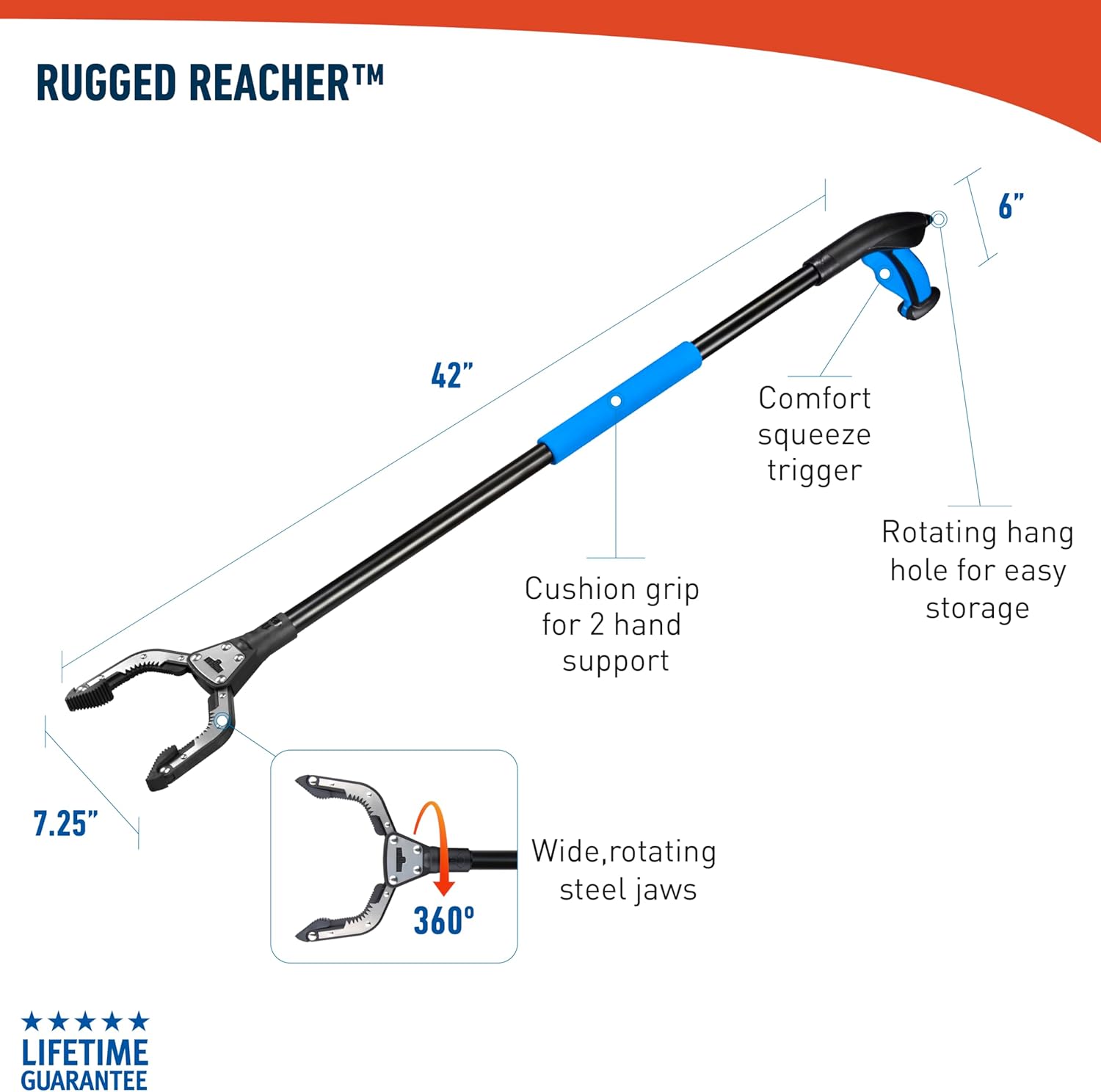 Unger Professional Rugged Reacher Grabber Tool with Rotating Head, Trash Picker


