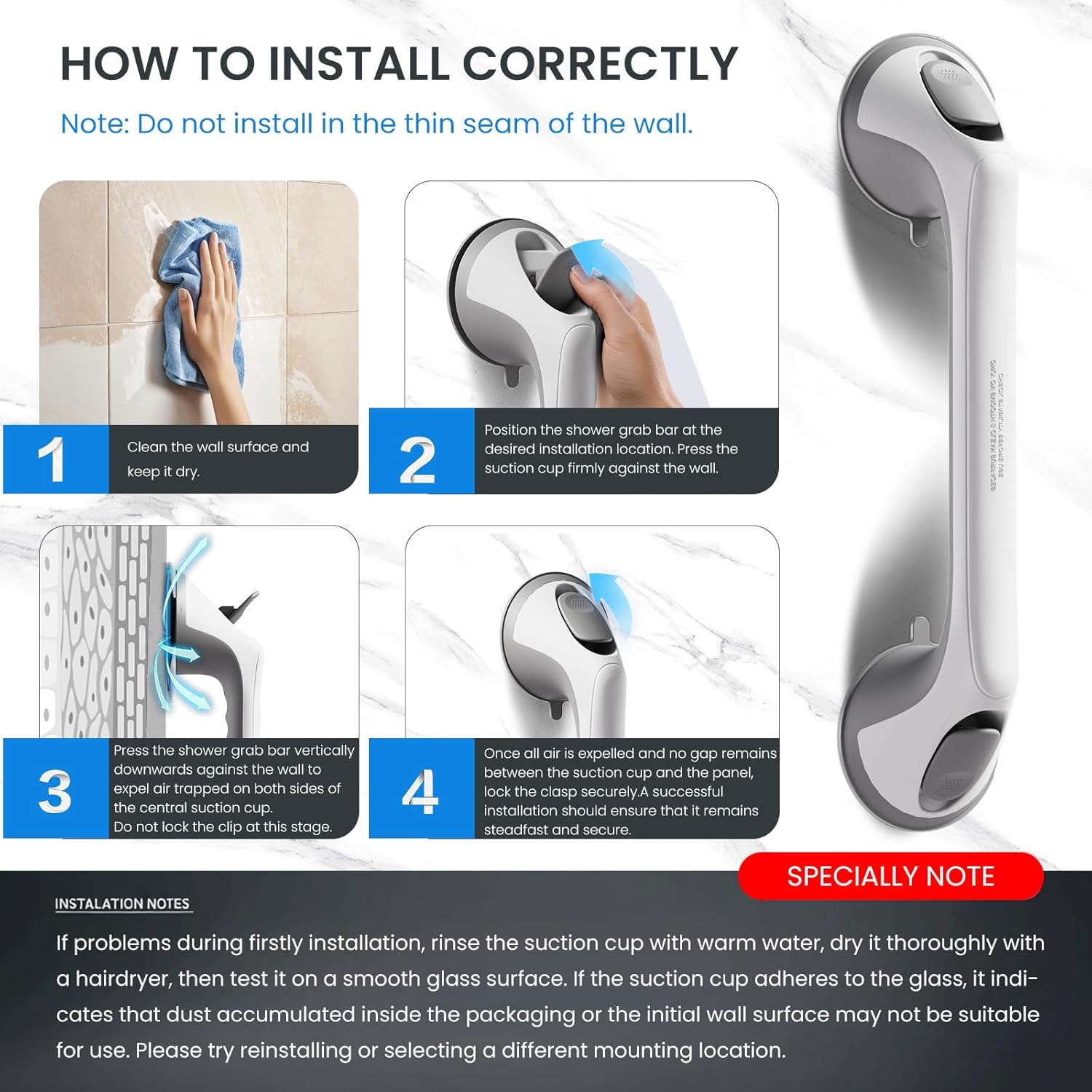 Suction Cup Grab Bars for Bathtub and Shower, Non-Slip Safety Handle

