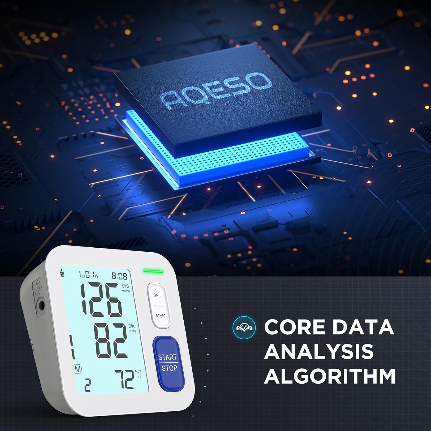AQESO Upper Arm Blood Pressure Monitor, Automatic Digital BP, 3 Cuff Sizes

