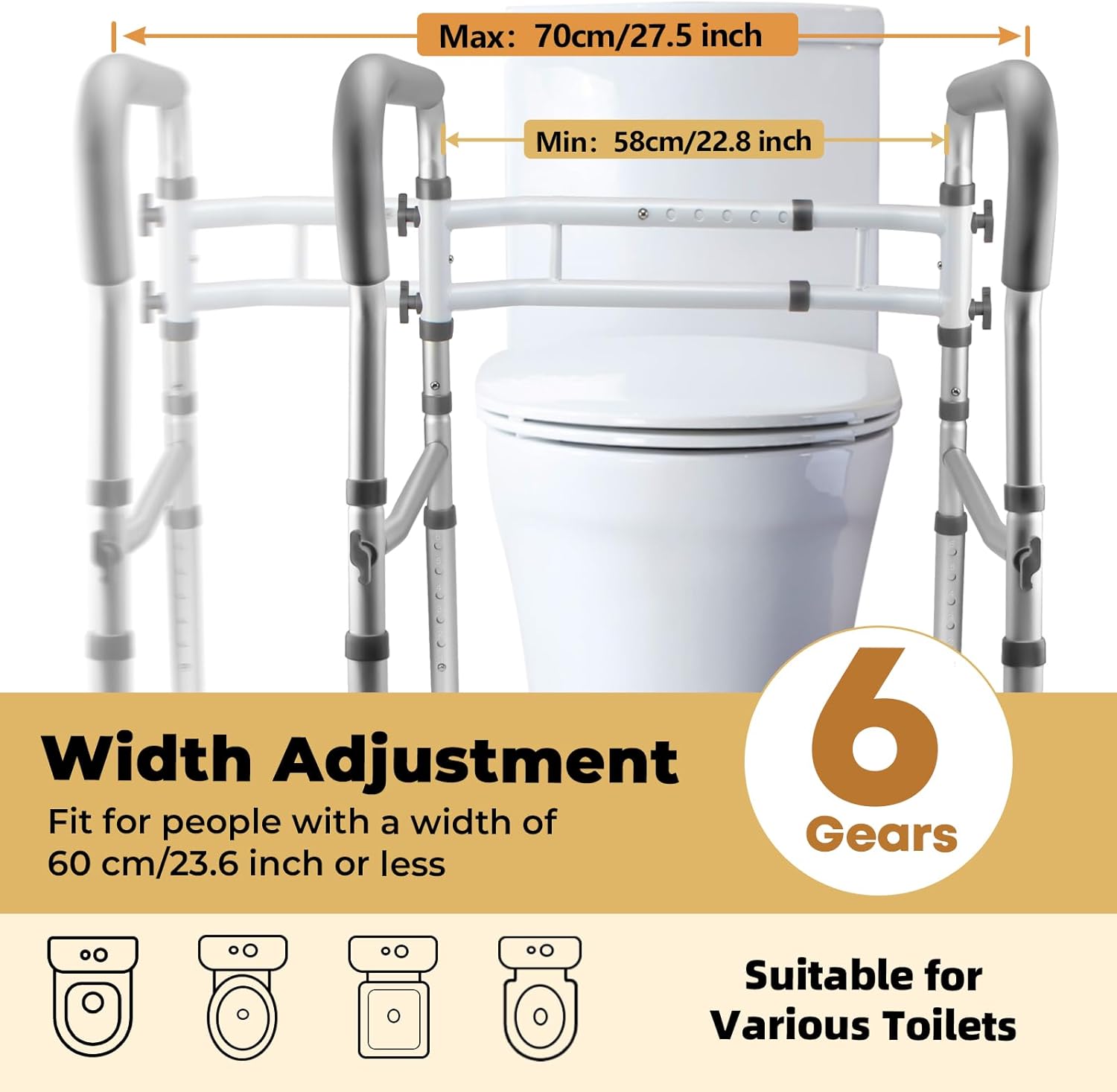 Adjustable Toilet Safety Rails, Foldable Grab Bar Handles, Aluminum Frame

