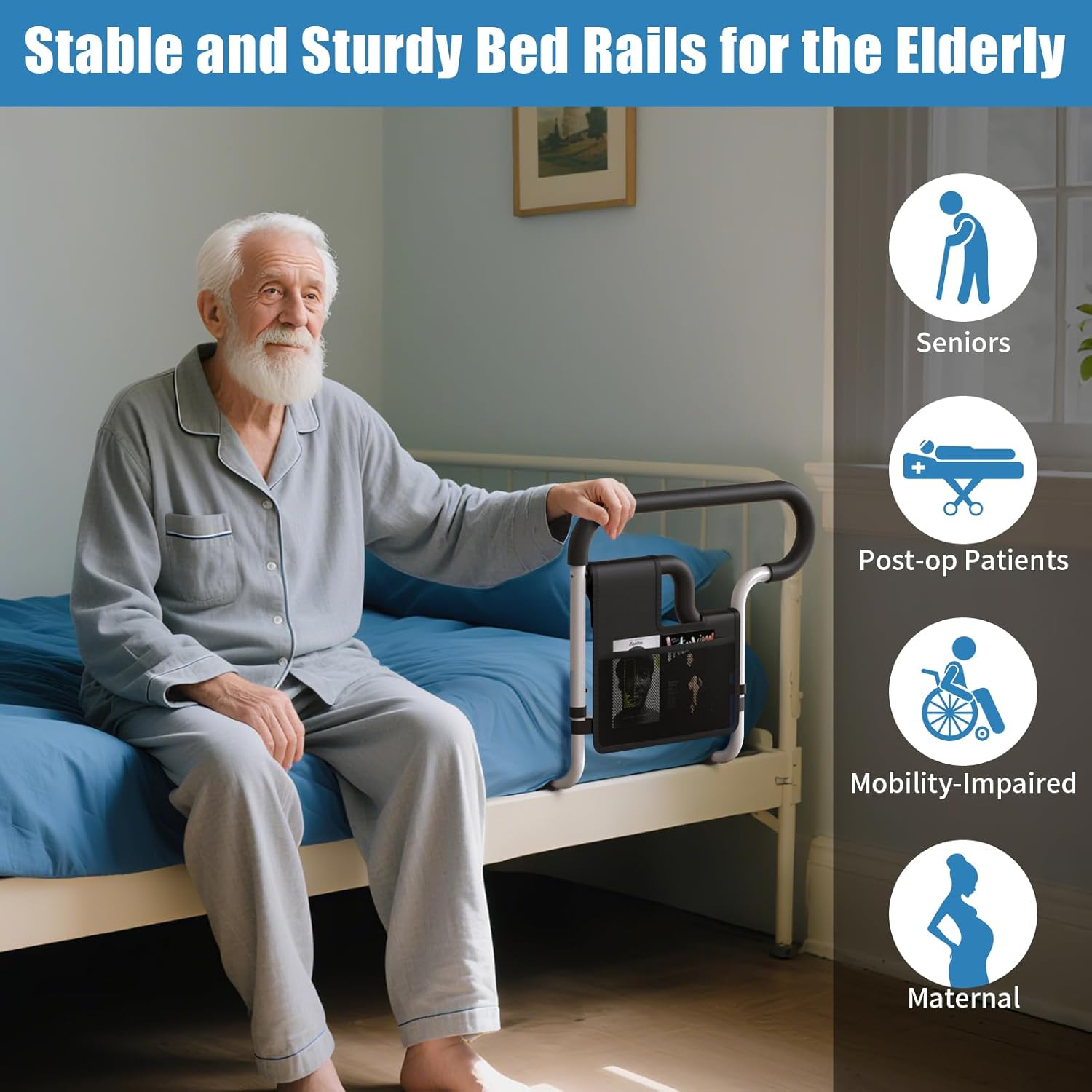 Adjustable Bed Rail for Seniors Bedside Safety Handle Support Bar for Elderly Adults

