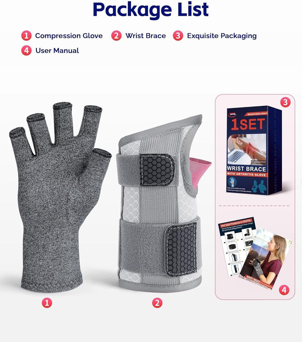 FEATOL Arthritis Compression Glove Wrist Brace Set, Fingerless Support for Women

