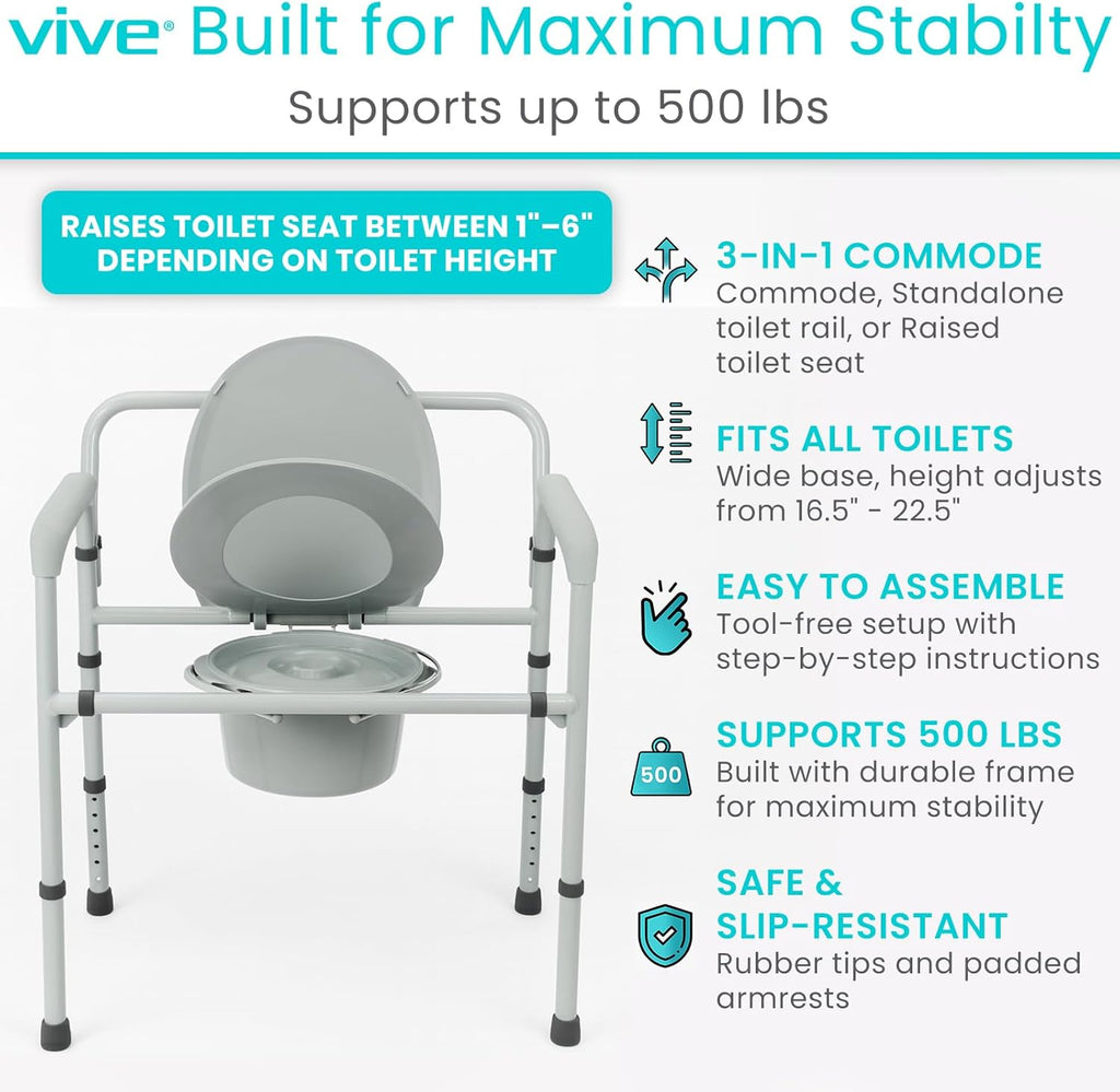 Vive Bariatric 3-in-1 Commode Toilet Chair, Portable Folding, 500 lb Capacity

