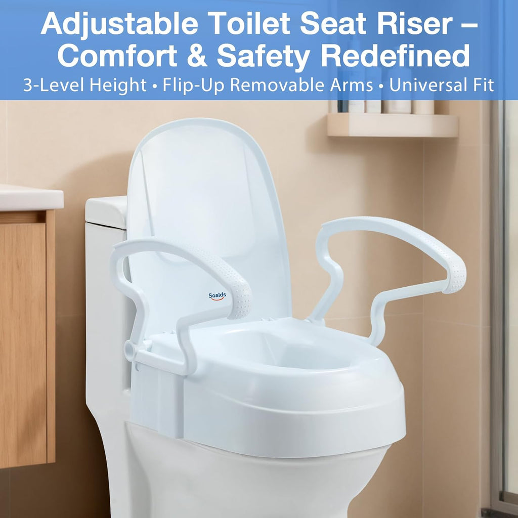 Soaids Raised Toilet Seat Riser with Handles, 3-Level Height Adjustable, 300 lb

