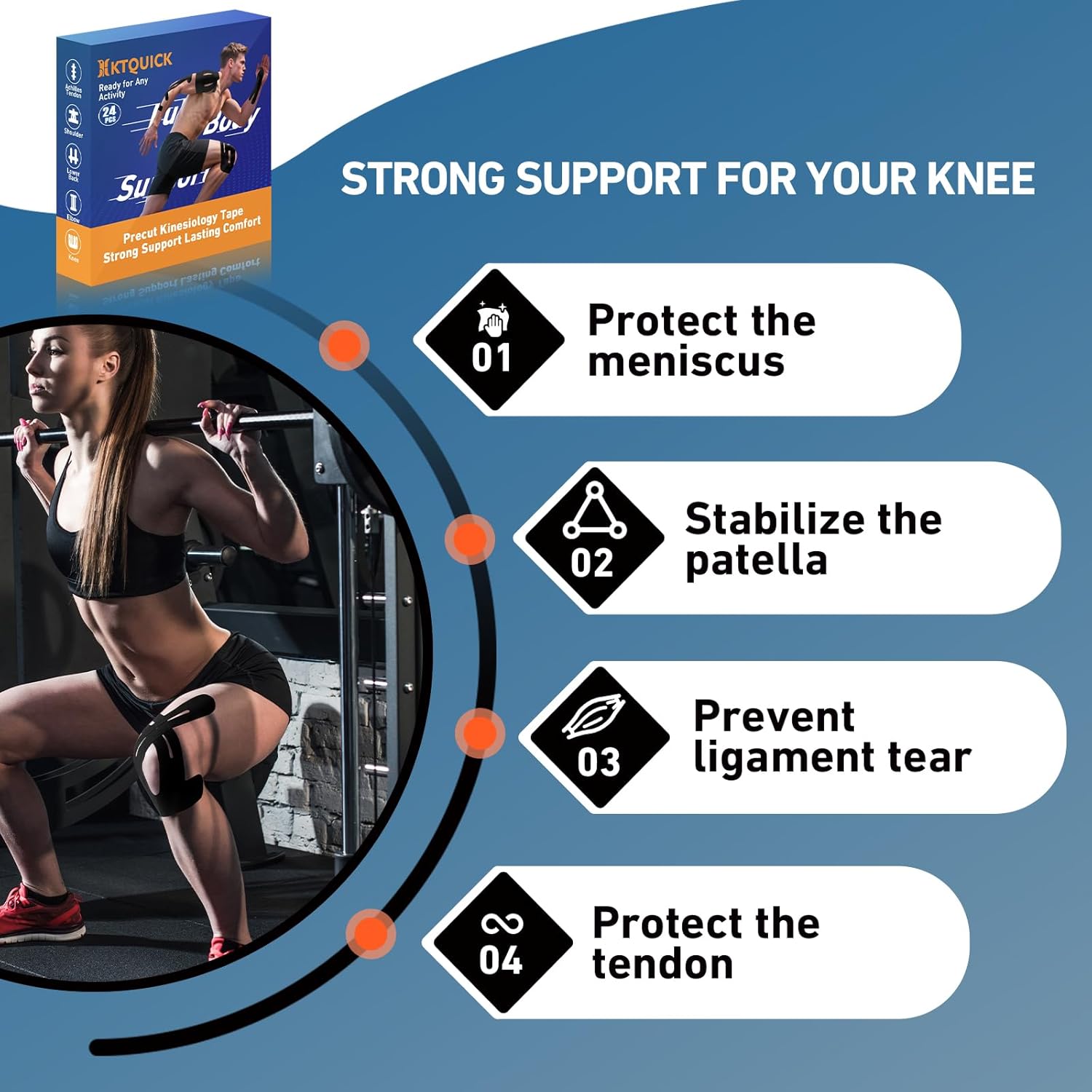 KTQUICK Pre-Cut Kinesiology Tape for Knees, Cotton, Latex-Free, Waterproof

