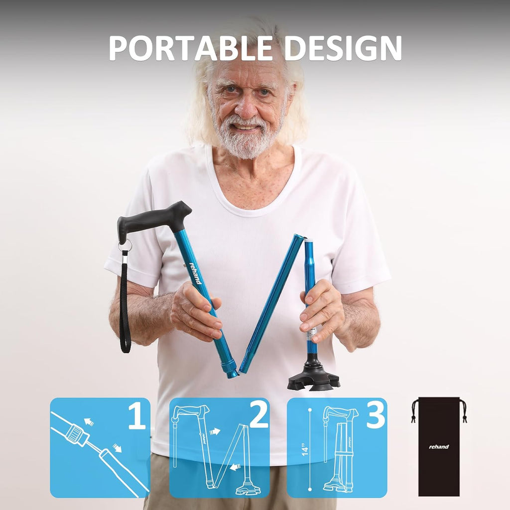 REHAND Pivot Quad Walking Cane for Adults, Foldable Adjustable Self-Standing

