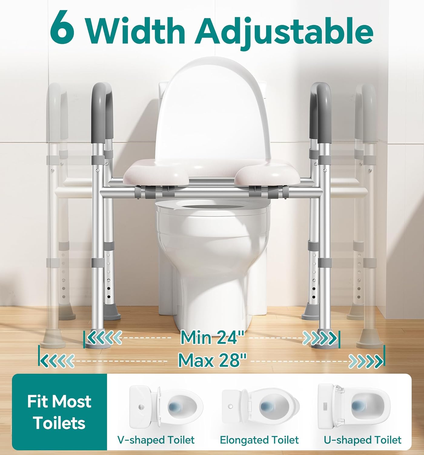 Soundfuse Raised Toilet Seat Riser with Handles, Adjustable Height and Width, Padded

