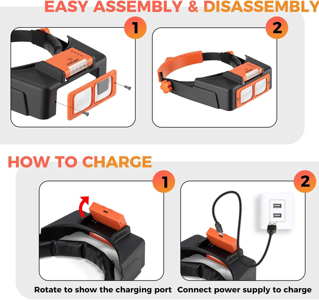 Rechargeable Headband Magnifier with Light, 4-Lens Loupe Visor for Close Work

