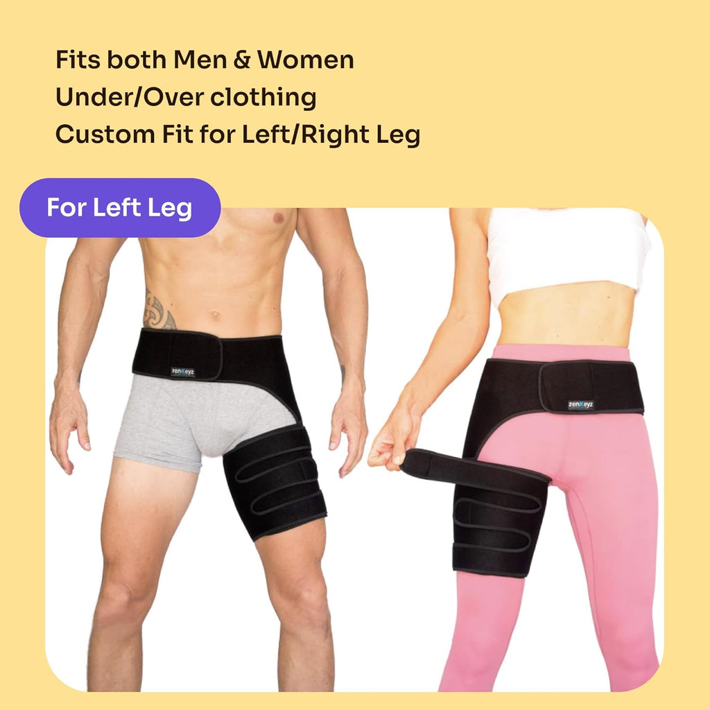 ZENKEYZ Hip Brace & Thigh Support Adjustable Compression Sleeve with Anti-Slip 3-Strap

