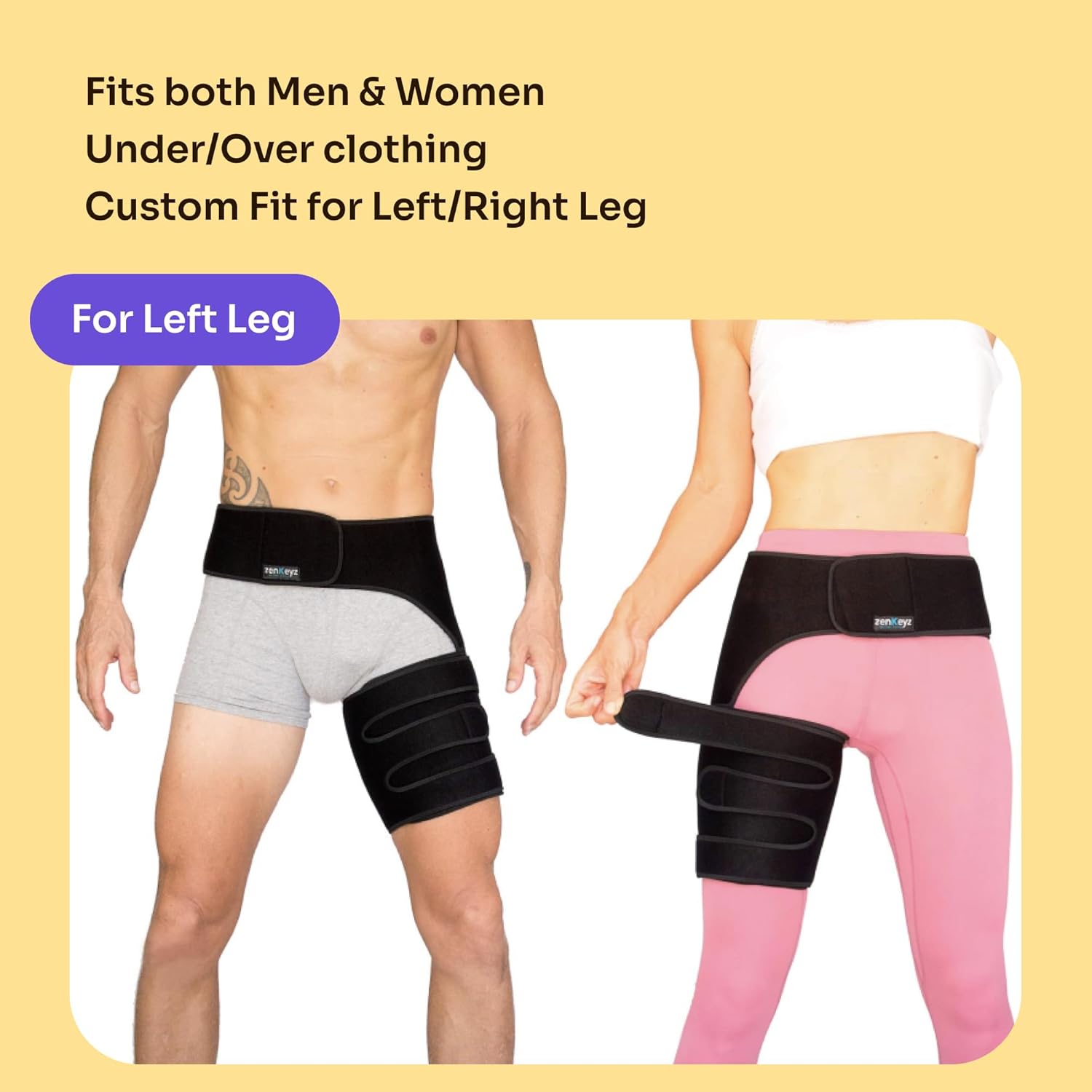 ZENKEYZ Hip Brace & Thigh Support Adjustable Compression Sleeve with Anti-Slip 3-Strap


