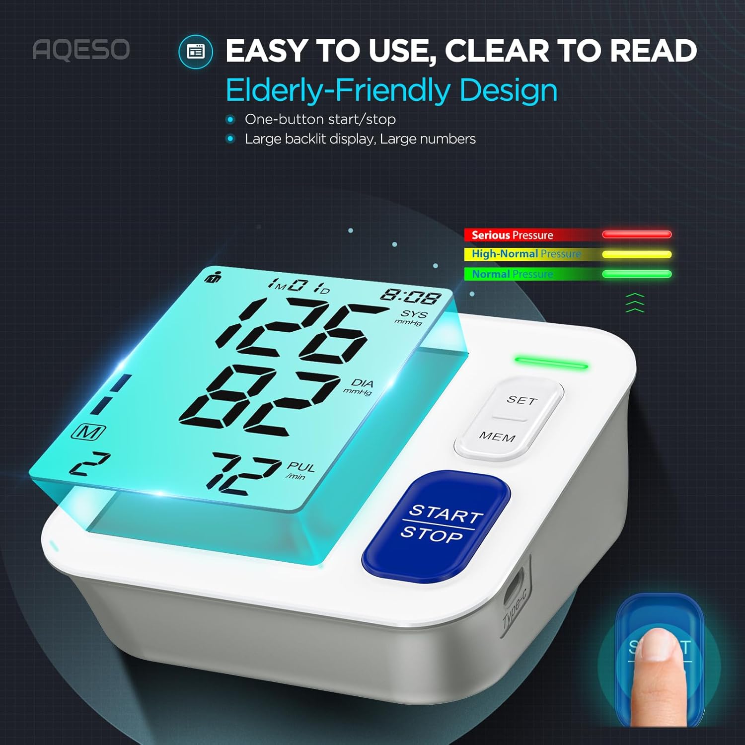 AQESO Upper Arm Blood Pressure Monitor, Automatic Digital BP, 3 Cuff Sizes

