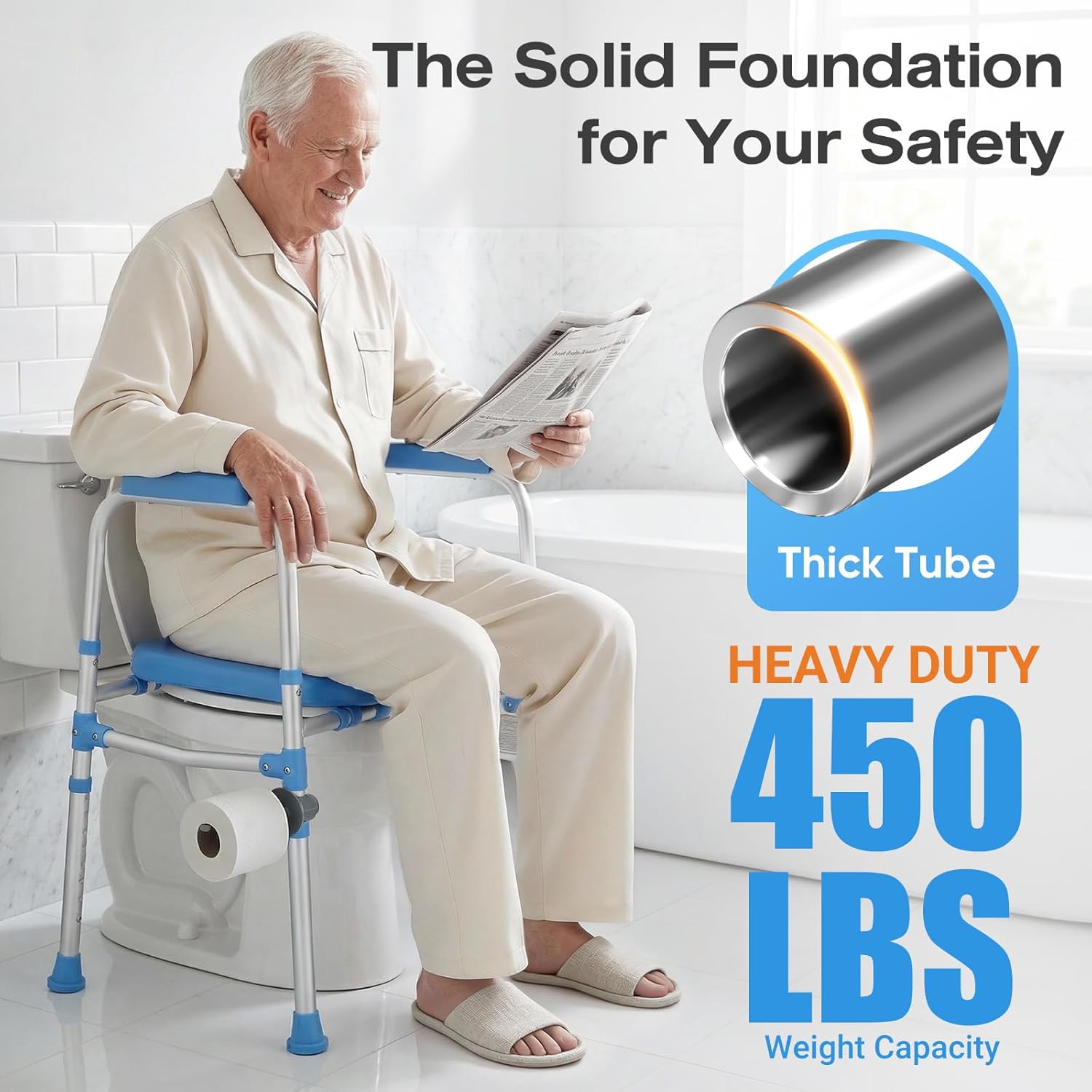 Padded Toilet Seat Riser with Adjustable Safety Frame and Handles, Heavy Duty 450 lb


