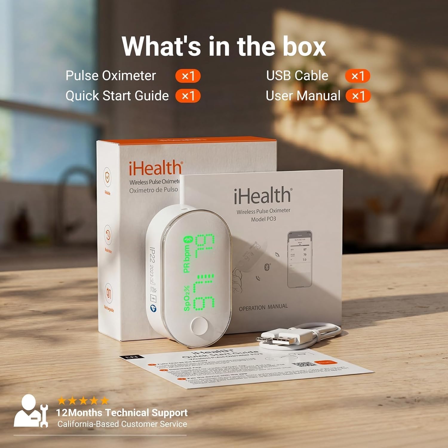iHealth Rechargeable Fingertip Pulse Oximeter with Bluetooth App Trend Tracking


